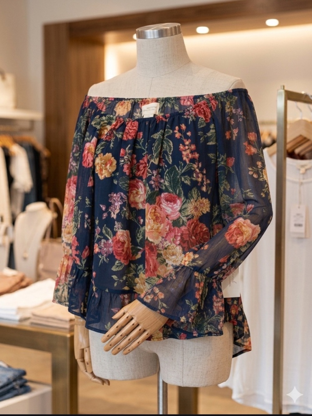 Ralph Lauren Navy Floral Off-the-Shoulder Peasant Blouse